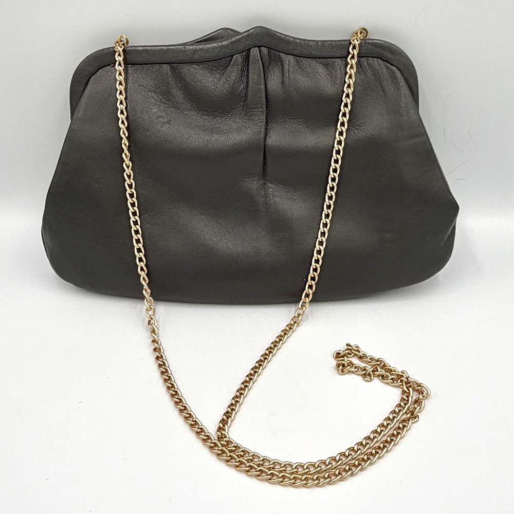 Vintage 1970s Ande Gray Leather Clutch Purse Gold Chain Shoulder Bag Retro